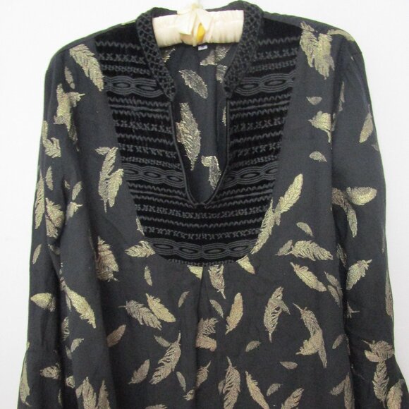 Golden Feather Top Blouse Black Rayon Georgette Bohemian - Picture 3 of 10